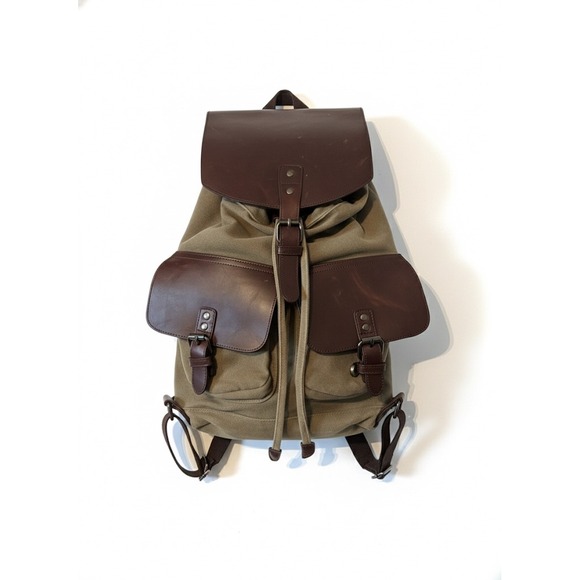Canvas Leather‎ Trim Flap Top Drawstring Backpack Khaki Brown Vtg Style School - Picture 2 of 4